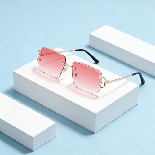 Image of Retro Rimless Rectangle Sunglasses for Men Women Luxury Frameless Square Trendy Shade Diamond Cutting Eyewear