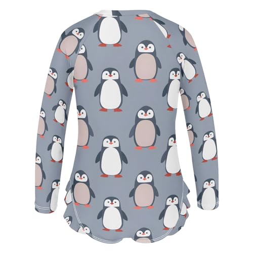 Penguin Animal Pattern Girls Long Sleeve Swimsuit Rash Guard One Piece Bathing Suits Zipper 3-12T3