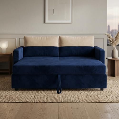 Image of SOCOZI Enrique 2 Seater Sofa Cum Bed | Soft Velvet Suede Fabric | Modern Convertible Design | Plush Comfort Seating for Living Room (Dark Blue)