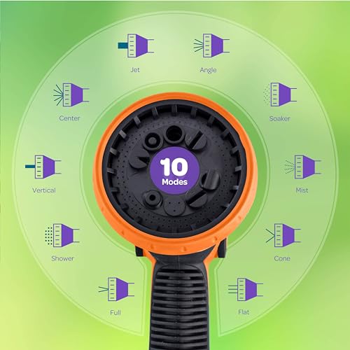 Image of Hose Nozzle [Orange] Heavy Duty Hose Sprayer With 10 Adjustable Watering Patterns. Thumb Control Design, Comfortable Ergonomic Grip, Garden Hose Nozzle for Watering Plants & Lawns /Fun showers /Cleaning