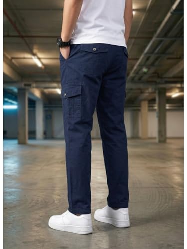 Image of Men's Cargo Trousers-100% Premium Cotton Regular Fit Lightweight Breathable Elastic Waist Multi-Pocket Casual Utility Pants