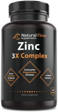 Zinc Supplement Complex with Copper and Vitamin C - Natural Flow 3X Zinc Carnosine, Bisglycinate Chelate, and Orotate, Chelated Zinc Copper, Easy on The Stomach, Skin and Immune Support, 120 Capsules