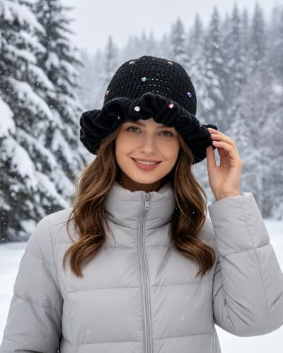 Image of Women Crochet Bucket Hat Cute Winter Ruffled Brim Floppy Cap Handmade Knit Cloche Hats