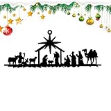 Belén navideño - Decoración de arte de pared de metal, juego de belén vintage, de silueta, exhibición de base de madera | Escultura navideña interior y exterior para el hogar, jardín, repisa, m