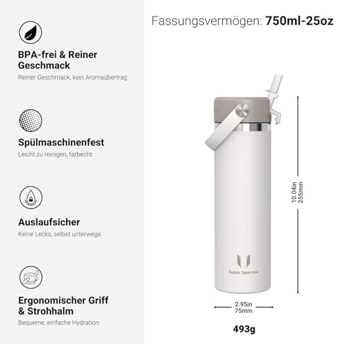 Sparrow Trinkflasche Edelstahl 750ml Thermosflasche mit Strohhalm Deckel – Ansicht 3