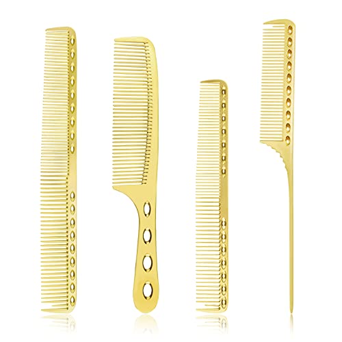 4 Types Professional Aluminum Hair Combs - Anti Static Stainless Steel Comb with Metal Tail for Hair Stylist Women Men Hair Styling Cutting - Gold