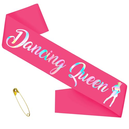 Dancing Queen Sash with Iridescent Foil, Hot Pink Disco Bachelorette Party Sashes for Bridal Shower, Birthday Sash for Girls Women, Mamma Mia Party Sashes Decorations(Hot Pink + Iridescent)