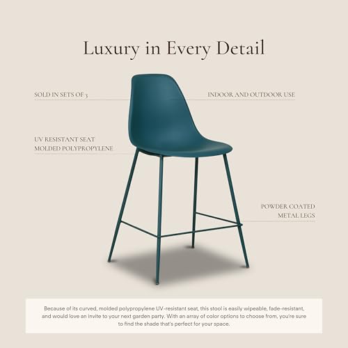 Image of Poly & BARK Isla Bar Stools Set of 3 - Counter Height Bar Stool for Kitchen - Set of Counter Stools - Indoor /Outdoor Barstools - Modern Kitchen Bar Stools - Ocean Teal