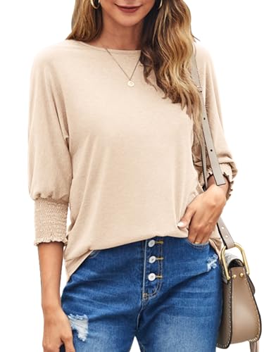 Bluetime Womens Crew Neck 3/4 Sleeve Tops Loose Fit Shirts Casual Solid Basic Tees Shirt Blouses
