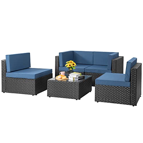 Shintenchi 5 Pieces Outdoor Patio Sectional Sofa Couch, Black Pe Wicker Furniture Conversation Sets With Washable Cushions & Glass Coffee Table For Garden, Poolside, Backyard (Aegean Blue) #TOP6