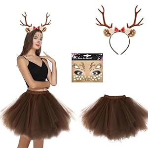 Jiahuade Diadema Cuernos Ciervo,Disfraz Reno Mujer,Traje de Ciervo,Falda Tul Ciervo,Orejas de Reno,Disfraz de Reno,Disfraz de Reno para Adulto
