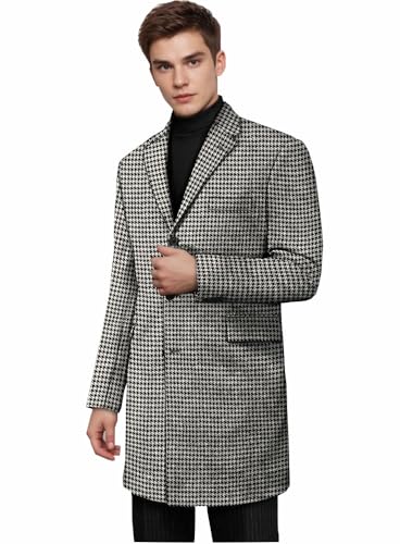 Mens Houndstooth Wool Blend Trench Coat Slim Fit Plaid Suit Jacket Business Casual Blazer Wedding Prom Tuxedo