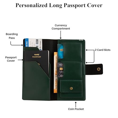 Image of AICA Personalized Name & Charm Long Leather Wallet Passport Cover (Dark Green) with Boarding Pass Currency Card Slot & Coin Holder for Men & Women | Travel Office Trip Gifts for Men Women Friends