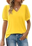 Aokosor Ladies T Shirts Women V Neck Tops Swiss Dot Puff Sleeve Summer Tee Yellow Size 14-16