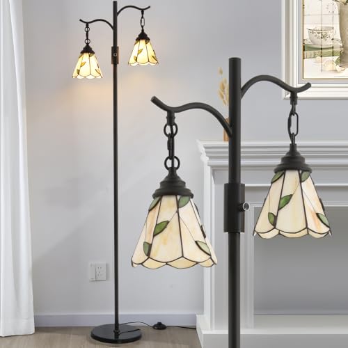 Asmymhd Vintage Dimmable Floor Lamp,2 Tiffany Lampshades Standing Lamp, Rustic Farmhouse Floor Lamps with Black Finish,for Living Room Bedroom