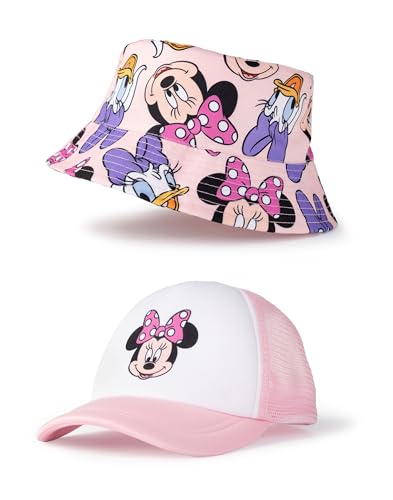 Disney Minnie Mouse Girls Pink Bucket Hat & Cap Set | Lightweight Breathable Character Print Accessories | Casual Sun Protection Merchandise for Kids