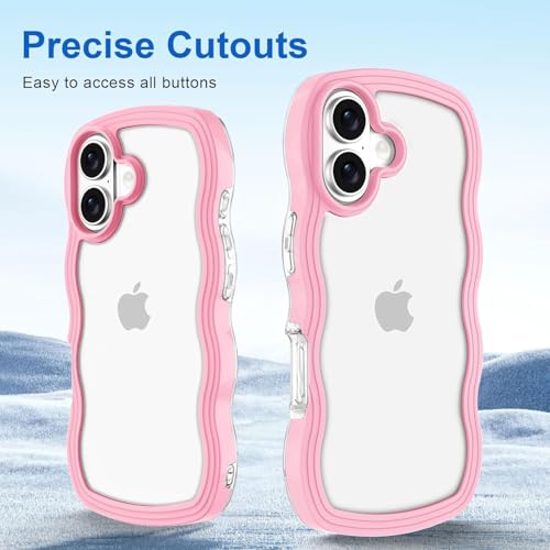 Image of GoldKart iPhone 17 Case Wavy Edge Clear Back Design, Anti-Slip Grip Cute Wave Curly Frame Shape Shockproof Soft TPU & Hard PC Bumper Protective Phone Case Cover for Women Girls - Pink