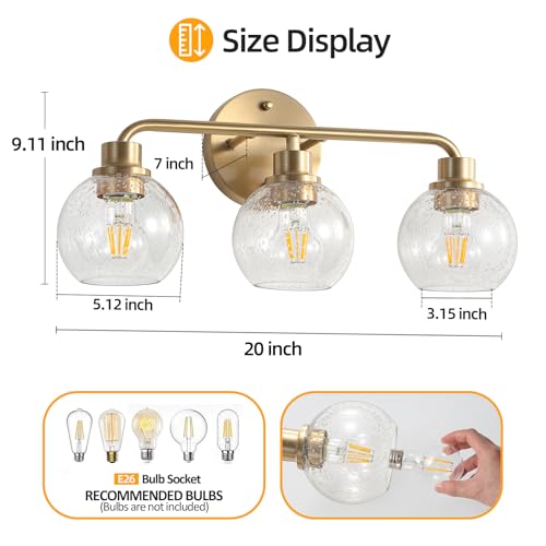 Image of Bathroom Light Fixtures Gold Vanity Light 3 Light Brushed Brass | Wall Sconces Lighting with Seeded Globe Glass Shades Bath Wall Lamp for Mirror Kitchen Living Room Bedroom Hallway