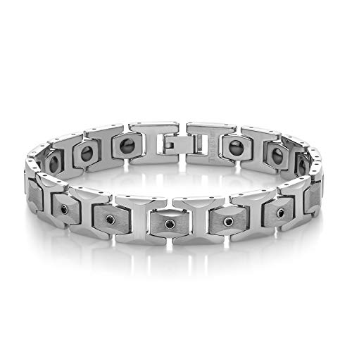 Gem Stone King Men’s Shiny Polished Tungsten Carbide Black Diamond Bracelet with Inlaid Magnets and Matte Finished Inner Links (0.18 Cttw, 8 Inches in Length with Safety Clasp)