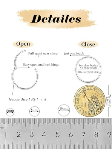 اقراط انف حلقية بوزن 18 غرام و20 غرام للنساء والرجال - لا تسبب الحساسية من الستانلس ستيل الجراحي 316L، حلقات انف مفصلية، اقراط حلقية لغضروف الاذن والزنمة، اقراط فضية وذهبية