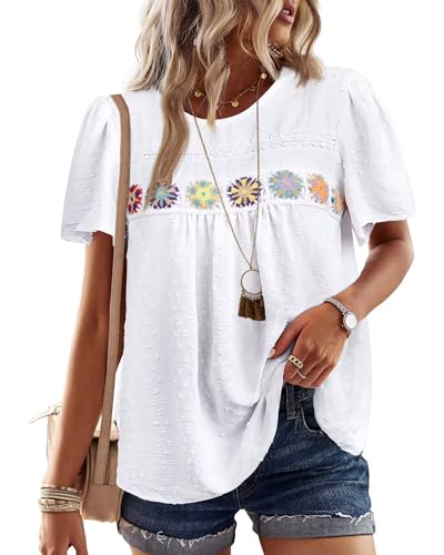 Womens Summer Tops Boho Crewneck Short Sleeve Shirts Floral Crochet Chiffon Blouses Flowy Casual Swiss Dot Clothing
