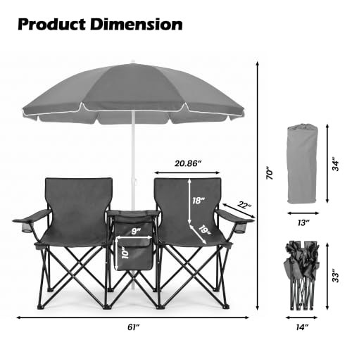 Silla de Camping Plegable Doble con Sombrilla Portátil para Picnic miniatura 3