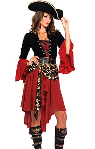 Hejo Home Damen Kostüm Piratin Pirat Rot Halb Lang Kleid mit Hut Fasching Karneval, XXL Cover