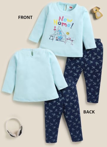 Image of LuvLap Baby Girls 100% Cotton Full Sleeve Girls Top & Pyjama CoSets Pack Of 2, Aqua & Sunflower, XL (12 to 18 Months)