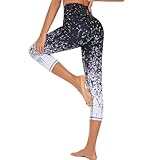 HAPYWER Yoga Leggings Damen High Waist Yogahose Bunt Gym Sport Leggings Tummy Control Running Workout - Stretch Kompressionshose mit Aufdruck für Frauen(7/8 Bambusblatt,S)