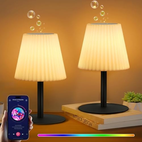 2 Pack Shower Lamp with Speaker IP44 Waterproof, Rechargeable Cordless Table Lamp RGB Color with Remote, LED Battery Operated Lights for Inside/Outdoor Bathroom Night Light Patio
