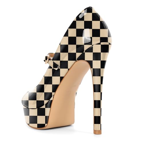 Image of SAMMITOP Women's Peep Toe High Heels Platform Stiletto Pumps Patent Mary Jane Heels 5.5 inch Party Wedding Dress Shoes