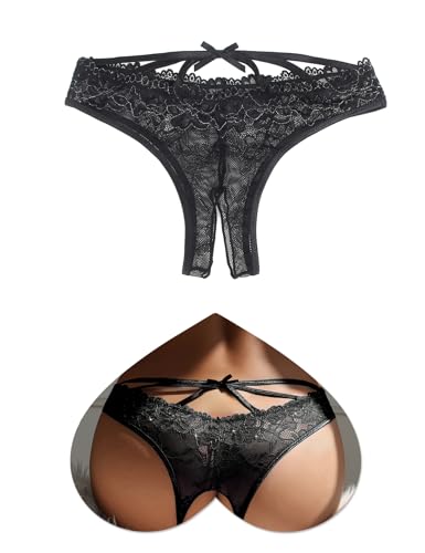 ohmydear Spitze String Tanga Erotische Damen Höschen Slip Ouvert für Frauen Sexy Unterwäsche im Schritt Offen Niedrige Taille G-String mit Crossover Strap & Schleife Schwarz L