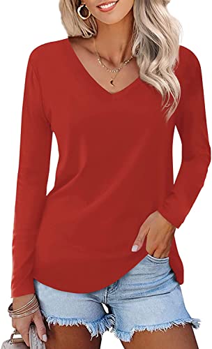 T-Shirt Femme À Manches Courtes/Manches Longues Col en V Tee Shirt et élégant Tuniques De Base d'été et d'hiver (C-Rouge, L) Cover