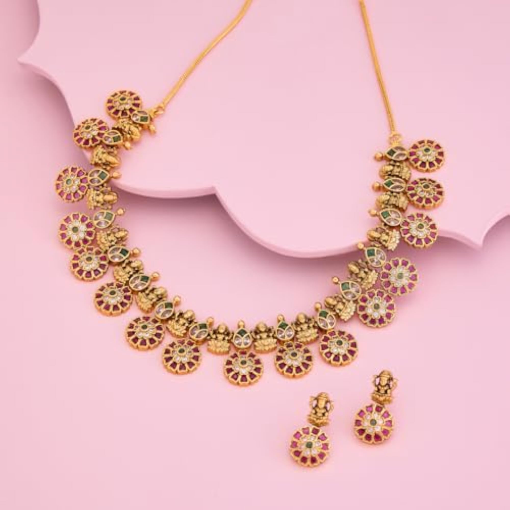 Ruby-Green Gold Polished Copper Antique Necklace with Earrings