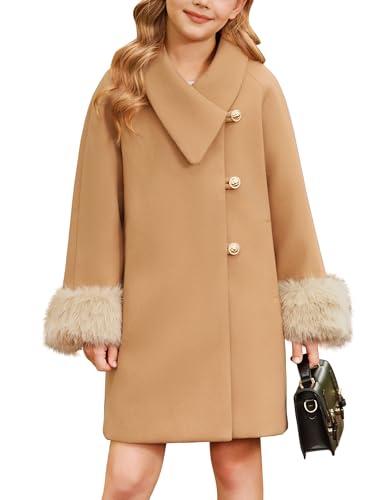 GRACE KARIN Girls Winter Dress Coat Girl Faux Fur Long Sleeve Jacket Kids Long Lined Outerwear with Pockets Belt