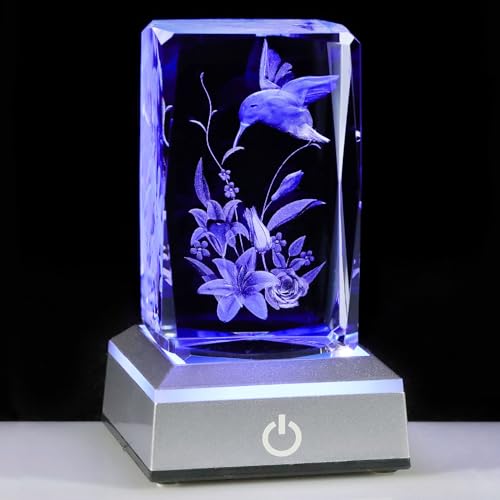 Image of 3D Hummingbird Mothers Day Gifts for Mom Women Glass Figurines Crystal Humming Bird Lily Flower Statue Home Decor with Light Base, Present for Nature Lovers on Birthday Christmas