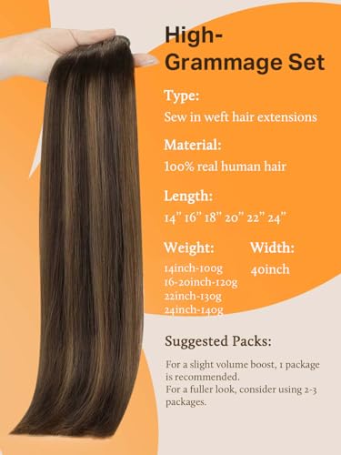 Image of DOORES Human Hair Extensions Sew in, 20 Inch 120g Balayage Dark Brown to Chestnut Brown, Weft Human Hair Extensions