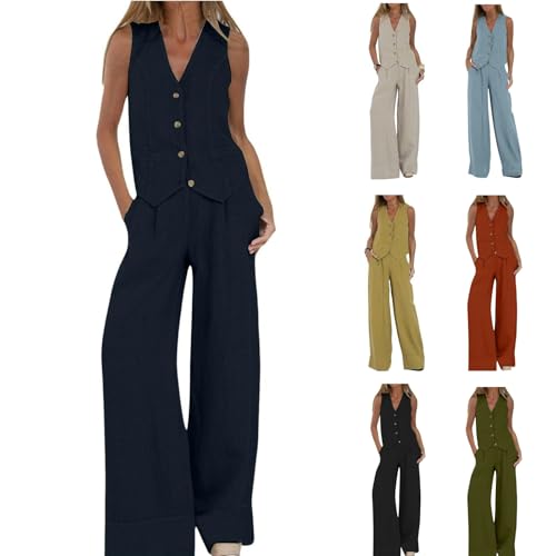 Linen Sets for Women 2 Piece Outfits Linen Pant Sets Casual Button Waistcoat V Neck Crop Vest Blazer - Main Image