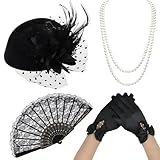 MENUY 4 Stück 20er Jahre Accessoires Damen, Great Gatsby, mit Vintage-Kopfschmuckhut, Spitzenhandschuhe, Perlenkette, Orchideenfächer für Halloween, Weihnachten, Elegante Partys und Abschlussbälle
