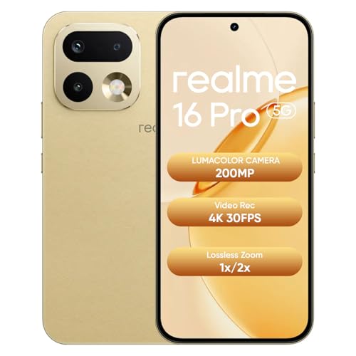 Image of realme 16 Pro 5G Smartphone 8+128GB Gold, 144Hz AMOLED Display,7000mAh Battery,80W SuperVOOC, 200MP Primary Camera 50MP Front Camera, MediaTek 7300-Max Processor,IP69