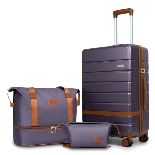 Image of 20-Inch Carry-On Luggage Set (3-Piece) - Lightweight & Durable Hardshell Spinner Suitcase with TSA Lock | PC+ABS Material | Airline Approved for Business and Family Travel, in Purple