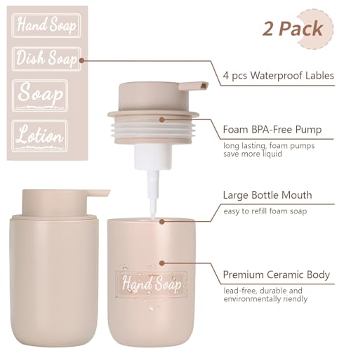 Image of BosilunLife Foaming Soap Dispenser Set - Khaki Ceramic Foam Hand Dispenser 12oz Soap Dispenser Set with Rust Proof Pump, 4Pcs Clear Stickers for Kitchen, Bathroom - 2 Pack