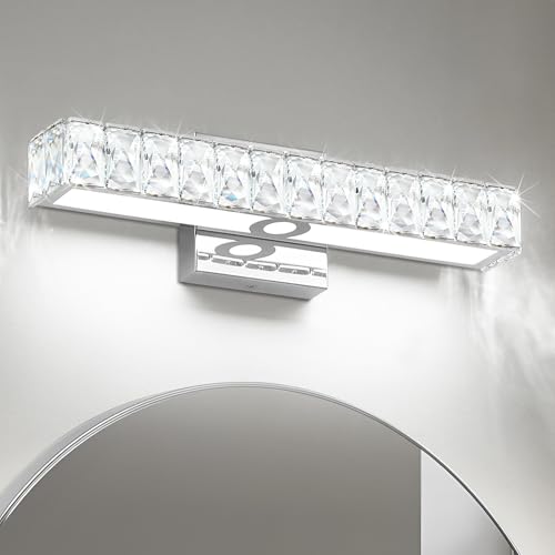 Image of SOLFART Crystal Bathroom Vanity Lights Over Mirror, Chrome Bathroom Light Fixture, 16.5 Inch LED Lights for Bathrooms Vanity Lights for Bath Chrome