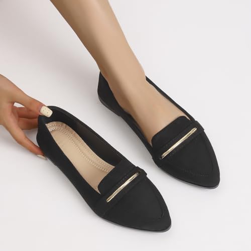 Image of Pointy Toe Penny Loafers for Women Dress Office Work Flats Shoes | Comfortable Women's Faux Suede Leather Slip On Flat Loafers for Driving Business Casual Cute Ballet Shoes
