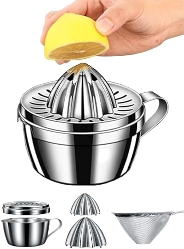 Homestia Citrus Lemon Orange Grapefruit Juicer Manual Squeezer 304 Stainless Steel Robust Hand Juicer Reamer Rotation Press with Strainer & 17oz Bowl, 2 Pour Spouts, Lime Manual Squeezer