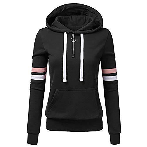 Preisvergleich Produktbild TOPKEAL Frauen Hoodie Pullover Damen Kapuzenpullover Streifen Sweatshirt Winterpullover Langarm Jacke mit Kapuze Tasche Mantel Tops Blouse Pulli (B_Schwarz, S)