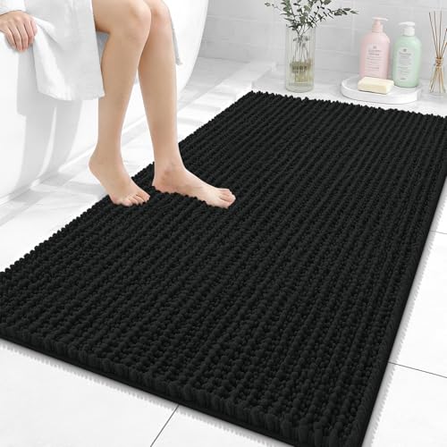 Image of OLANLY Bathroom Rug Mat 44x32, Thick Soft and Absorbent Chenille Bath Mat, Non-Slip Rubber Backing, Machine Washable Quick Dry Bath Rugs for Tub Shower Floor, Home Decor Accessories, Black