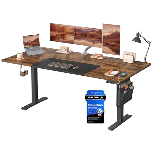 SONGMICS Höhenverstellbarer Schreibtisch elektrisch, 180 x 80 cm, stufenlos verstellbar, Memory-Funktion mit 4 Höhen, USB-C-Anschluss, vintagebraun-Mattschwarz LSD028KD01