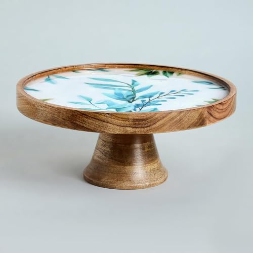 Image of SAAGA Round Wooden Cake Stand | 10 x 4.25 Inch Printed Mango Wood Cake Display Stand for Cakes, Pizza, Desserts & Pastries | White & Aquamarine Decorative Serving Stand for Dining & Entertaining