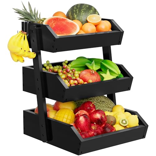Bamboo 3 Tier Fruit Basket For Counter, Large Capacity Fruit Storage Countertop, Fruit Holder, Wooden Pantry Organizers and Storage, Kitchen Countertop Organizer With Two Banana Hangers (Black)